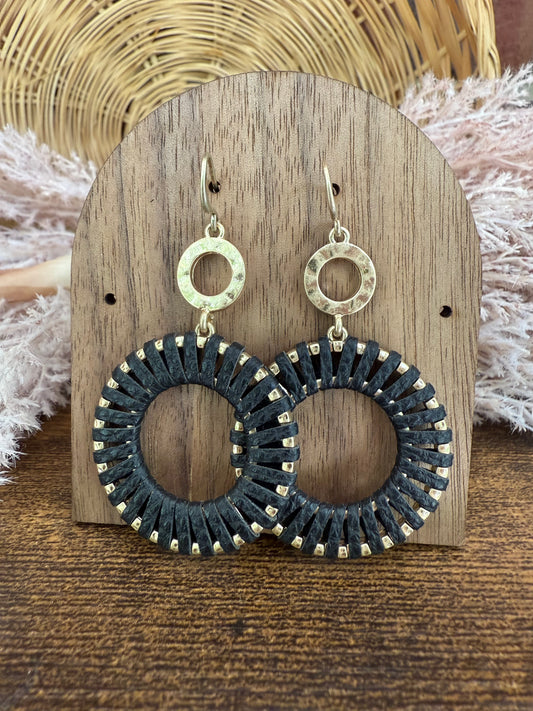 Gold/Red/Black Linked Hollow Metal Circle Wrapped Vegan Leather Drop Earrings