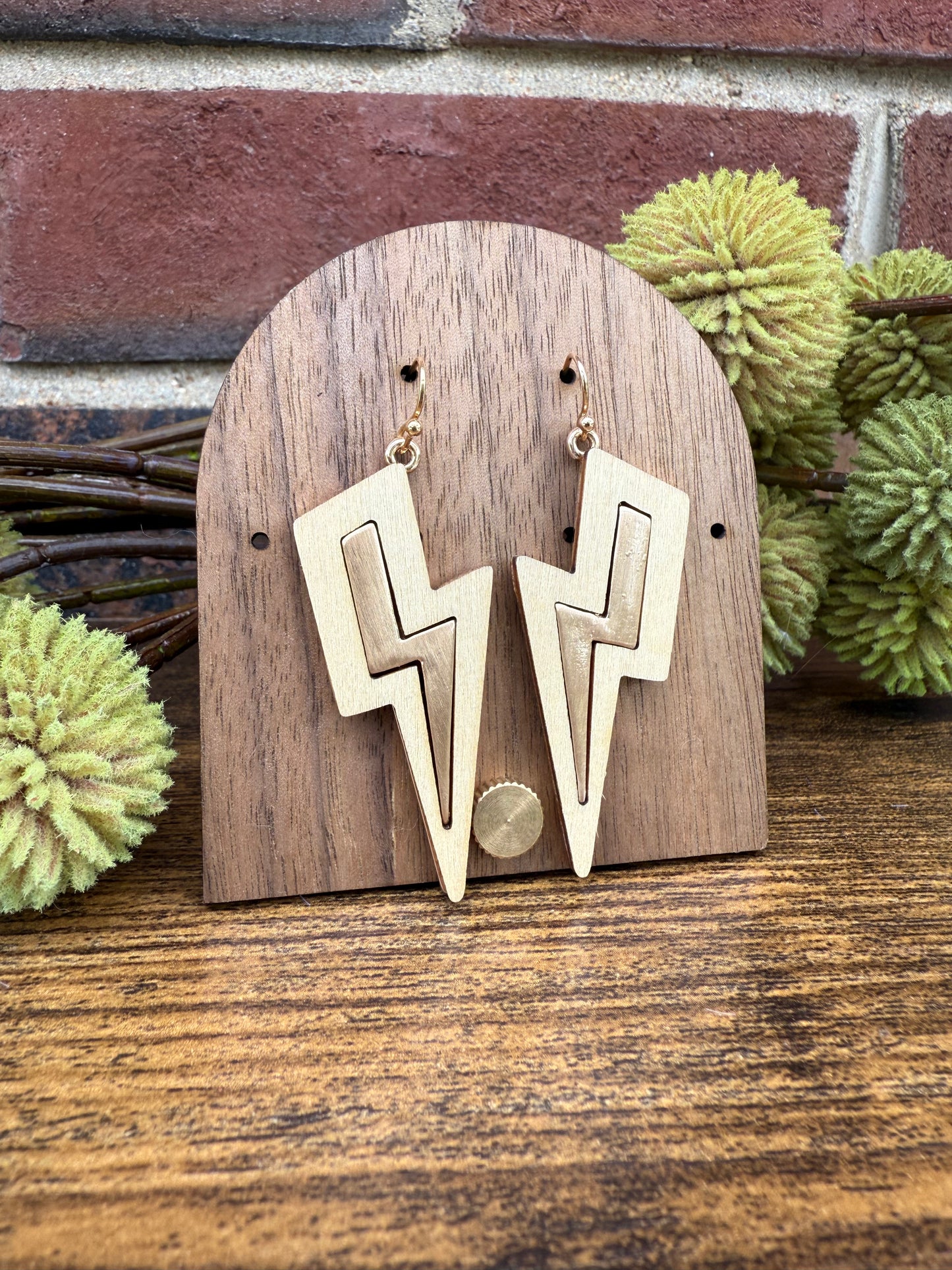 Ivory Wood Border Lightning Bolt Drop Earrings