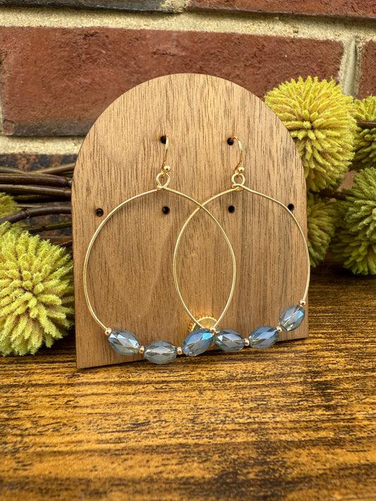 Blue Faceted Glass Crystal Beaded Gold Tone Wire Hoop Drop Earrings