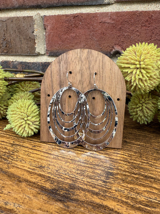 Gold/Silver Hammered Metal Tone Concentric Ovals Drop Earrings