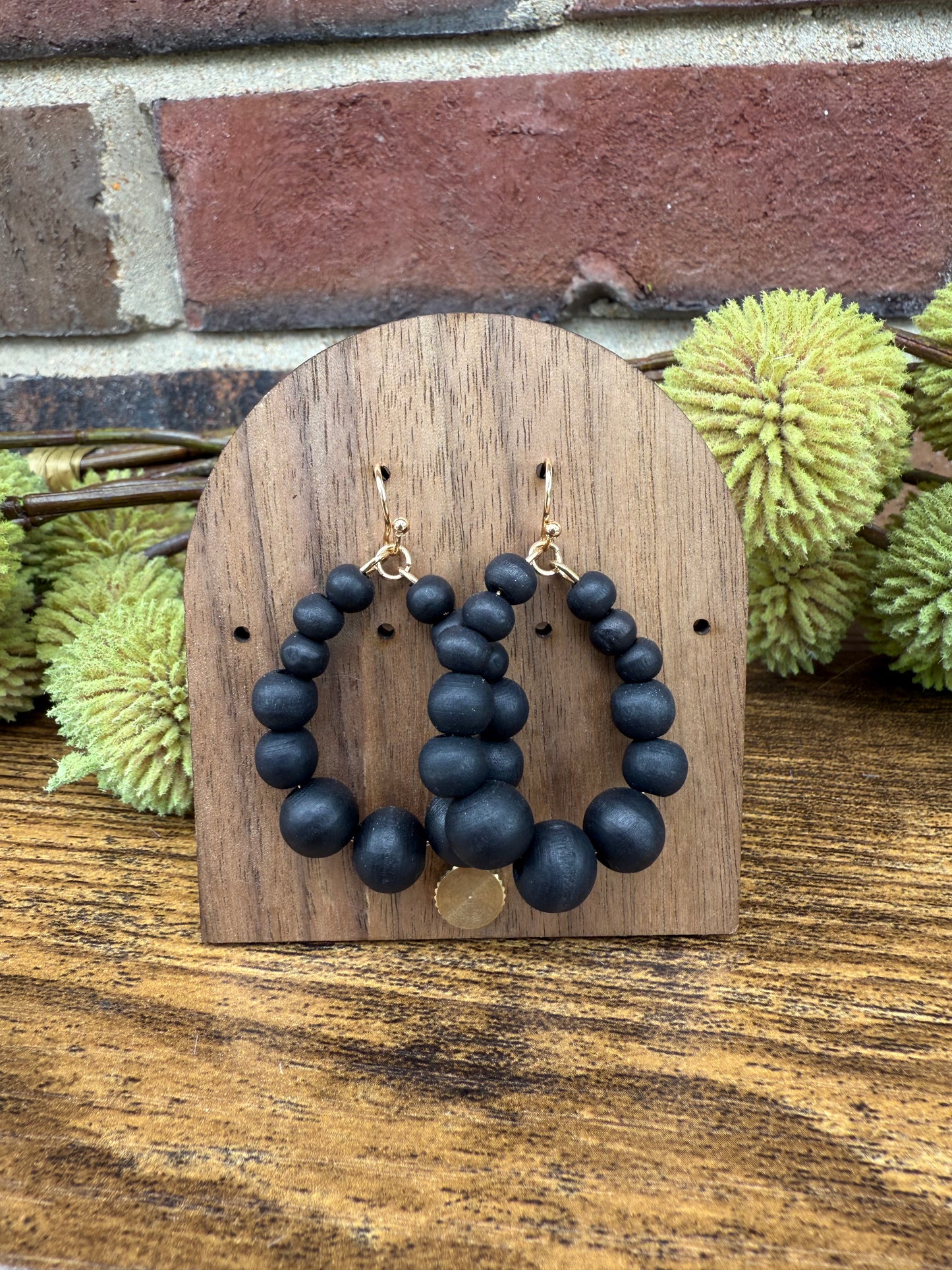 Black Wood Beaded Teardrop Earrings