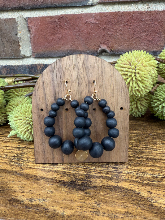Black Wood Beaded Teardrop Earrings