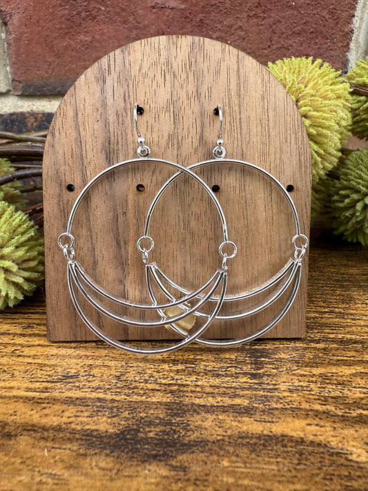 Silver Linked Metal Tone Half Hoop and Stacked Semi-Circle Dangle Earrings