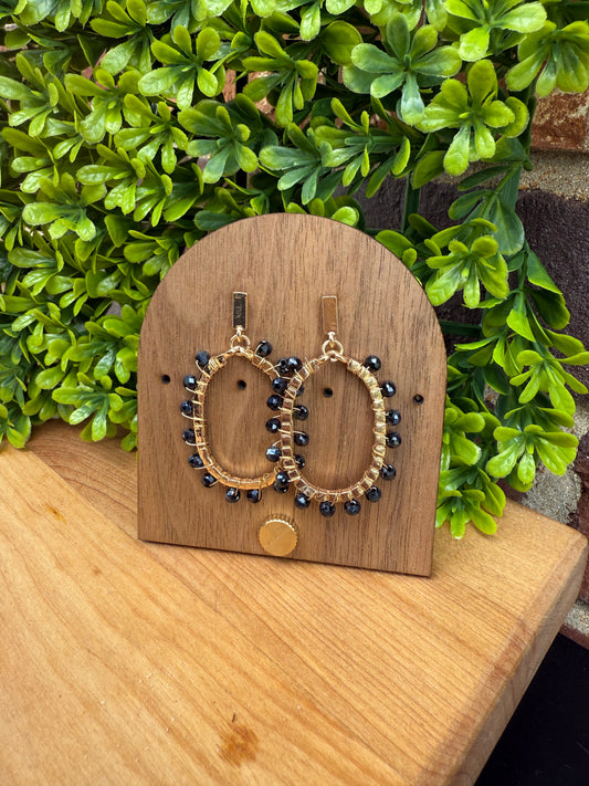 Black Beaded Metal Wire Wrapped Metal Oval Drop Earrings