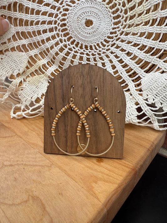 Brown and Metal Tone Beaded Teardrop Drop Metal Wire Wrapping Detail Earrings