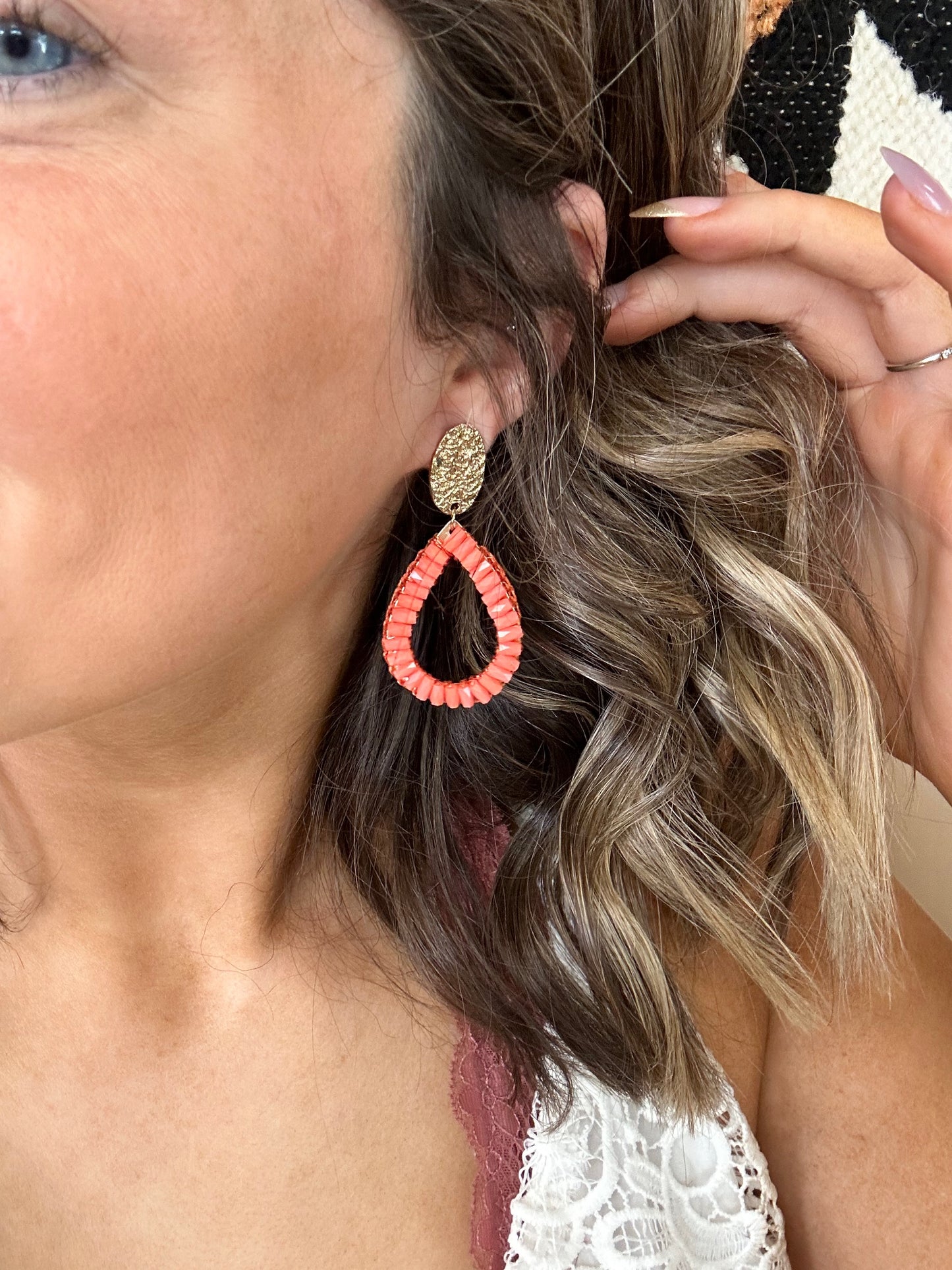 Grace Bright Orange & Gold Beaded Teardrop Earrings