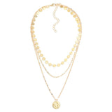 Gold Layered Chain Link With Metal Tone Sequin Details & Hammered Metal Pendant Necklace