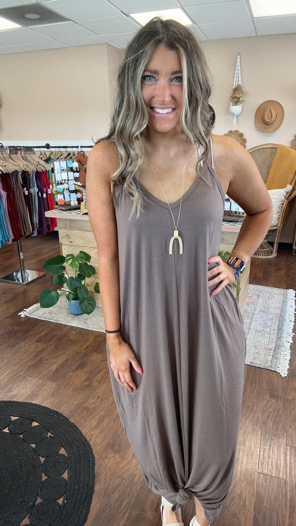 Mocha Brown V-Neck Maxi Dress with Pockets