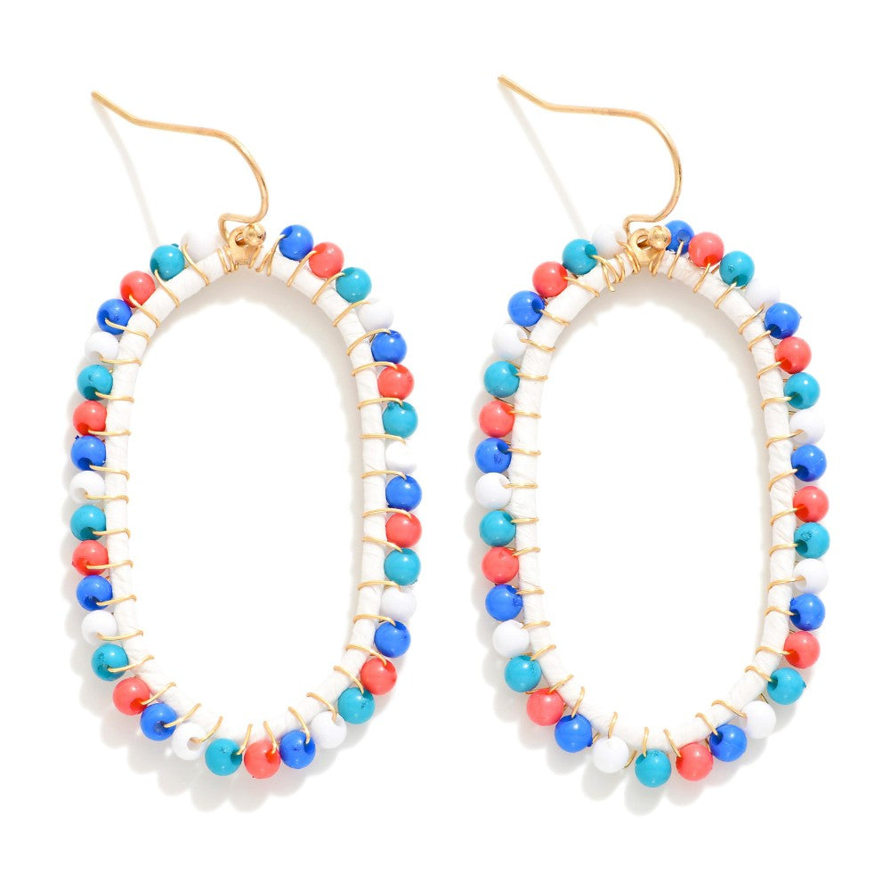 Coral/Blue Multi Beaded Wire Wrapped Oval Drop Earrings