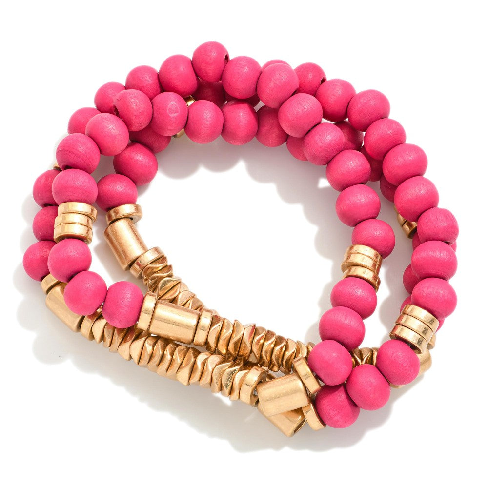 Hot Pink/ Mint/ Cream Wood With Gold Tone Bead Details Beaded Stretch Bracelets