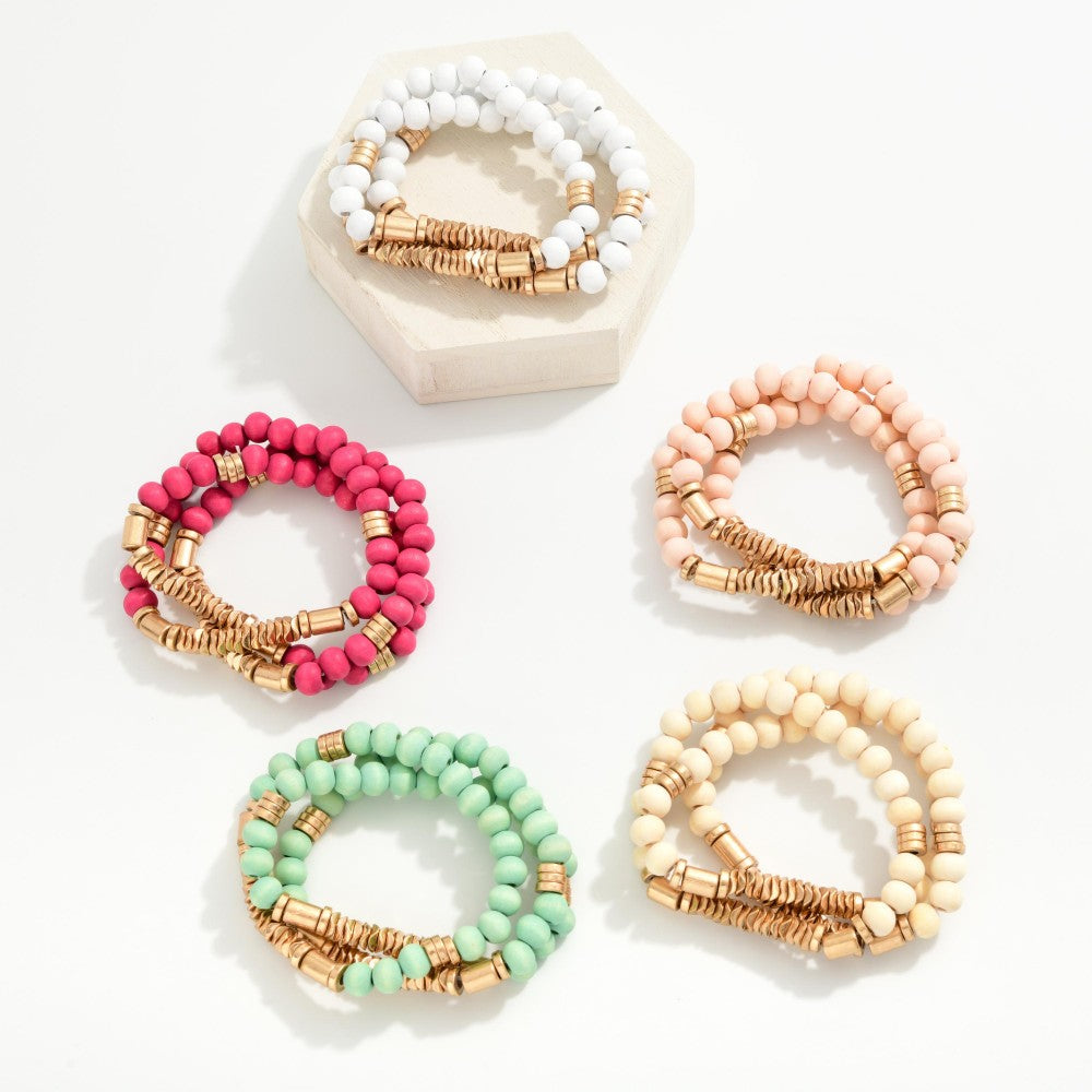 Hot Pink/ Mint/ Cream Wood With Gold Tone Bead Details Beaded Stretch Bracelets