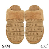 Camel Brown Women’s C.C Ribbed Pattern Knitted Plush Slippers