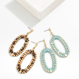 Teal/Leopard Leather Wrapped Oval Drop Earrings