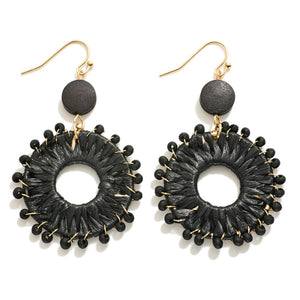 Black Raffia Wrapped Hoop Drop Earrings With Wood Bead Border