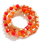 Orange & Gold Beaded Faceted Glass Beads and Metal Tone Beads Stretch Bracelets