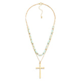 White Mix/Blue Mix Hammered Cross Pendant Layered Chain Link and Beaded Necklace