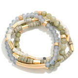 Gray/Mint Natural Stone, Wood, and Metal Tone Beads Mixed Media Beaded Stretch Bracelets