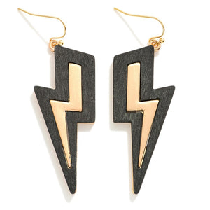 Black/Ivory Wood Border Lightning Bolt Drop Earrings