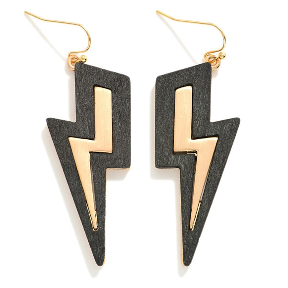 Black/Ivory Wood Border Lightning Bolt Drop Earrings