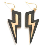 Black/Ivory Wood Border Lightning Bolt Drop Earrings