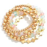 Light Multi Natural Stone and Faceted Beads With Gold Tone Cross Beaded Stretch Bracelets