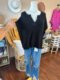 Black Rolled Spilt Sleeve Side Slit Pullover Sweater Top