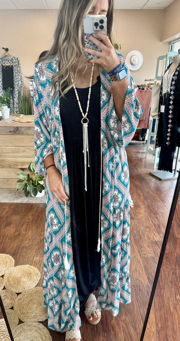 Teal Blue & White Long Flower Kimono With Pockets