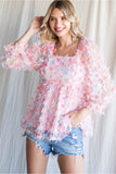 Pink Mix Flower Floral Square Neck Top