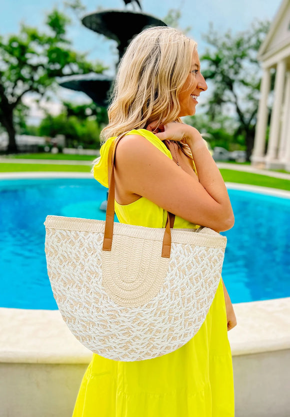 Beige & Brown Ratten Round Straw Bag Purse