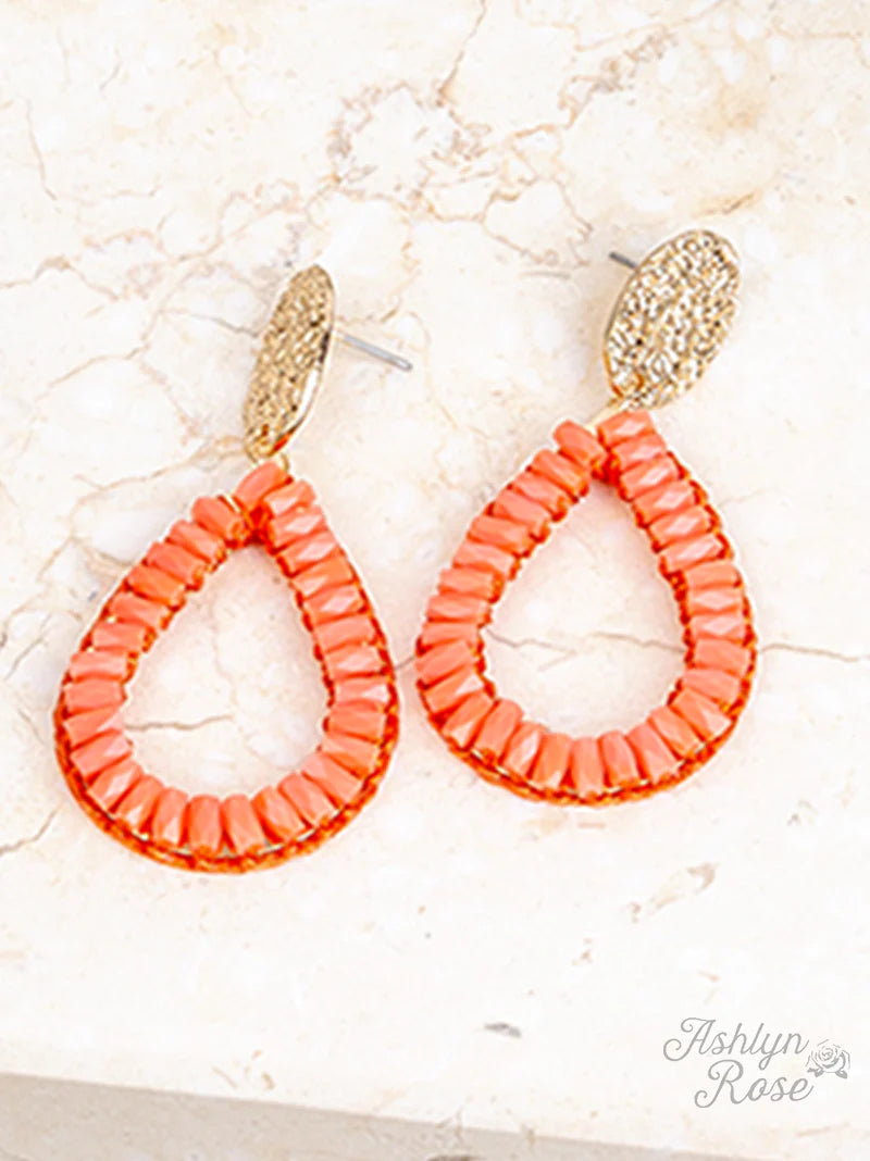 Grace Bright Orange & Gold Beaded Teardrop Earrings