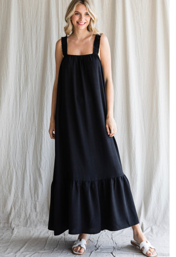 Black Solid Square Neck Open Back Maxi Dress