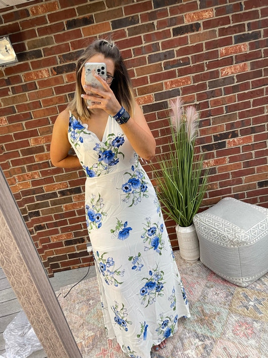 White & Blue Floral Maxi Dress