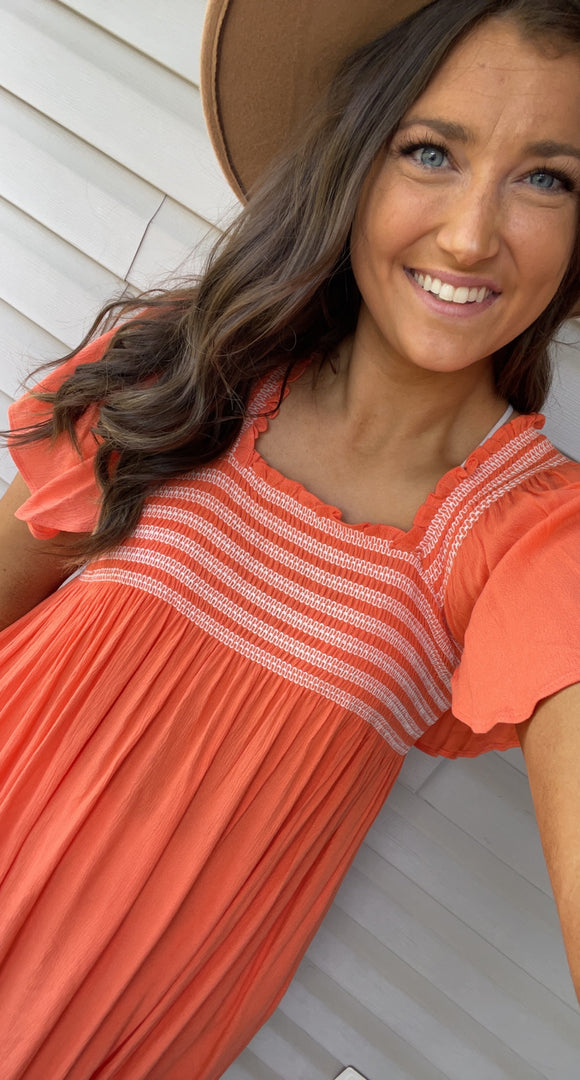 Tomato Orange Solid Smocked Midi Dress